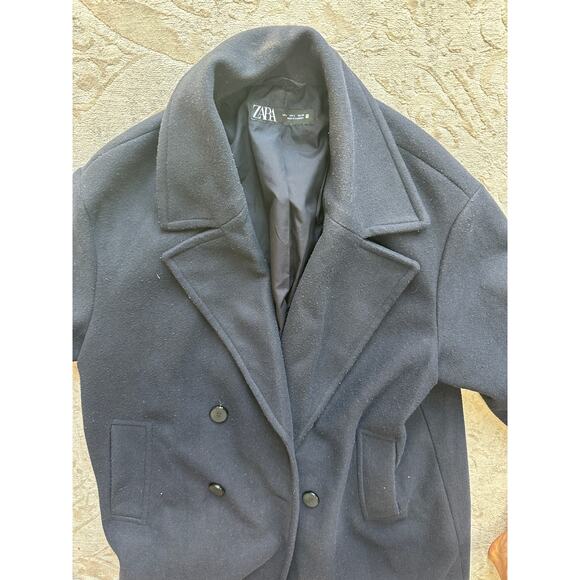 Zara Women’s Navy Wool Blend Oversized Long Double Breasted Peacoat M - Picture 4 of 5